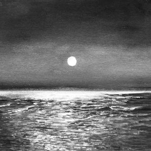 full moon seascape black white